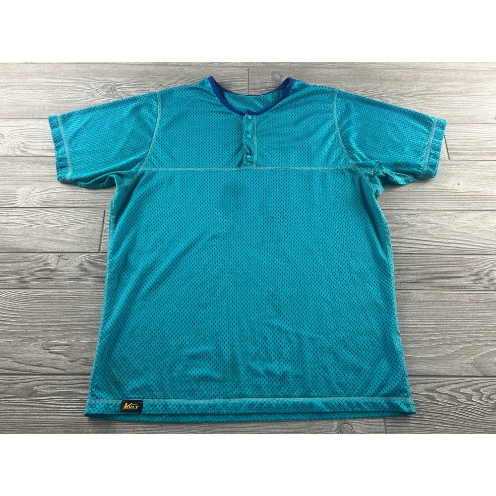 VTG REI Turquoise Polyester Mesh Short Sleeve T-Shirt Mens Large 1/4 Snap Henley
